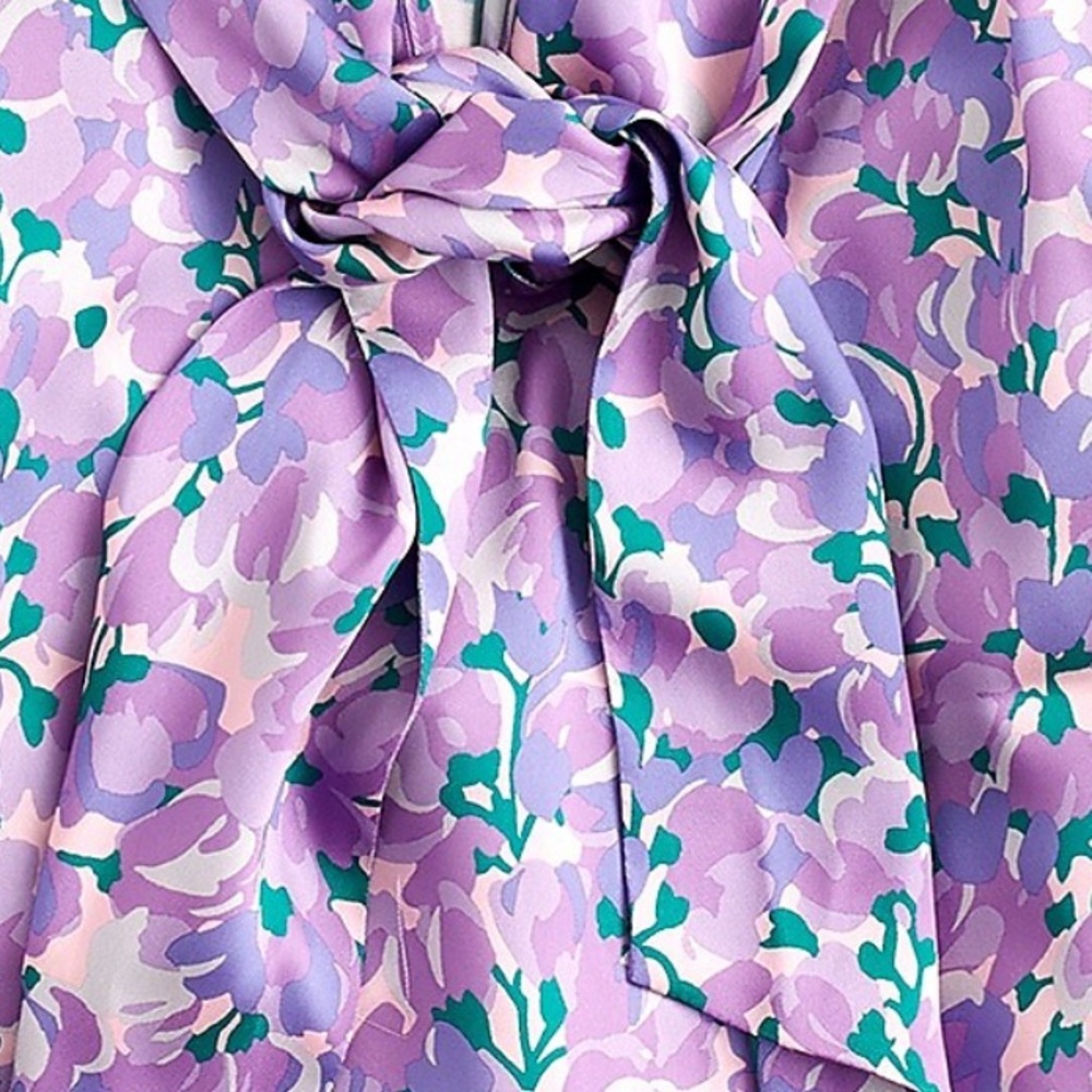 NWT J. Crew Collection Ratti Lilac Floral Print Riffle Bow Tie Neck Top Women XS - Picture 2 of 5